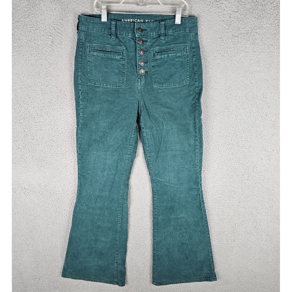 American Eagle Pants Womens Size 8 Green Corduroy Flare Stretch Button Fly 28889
